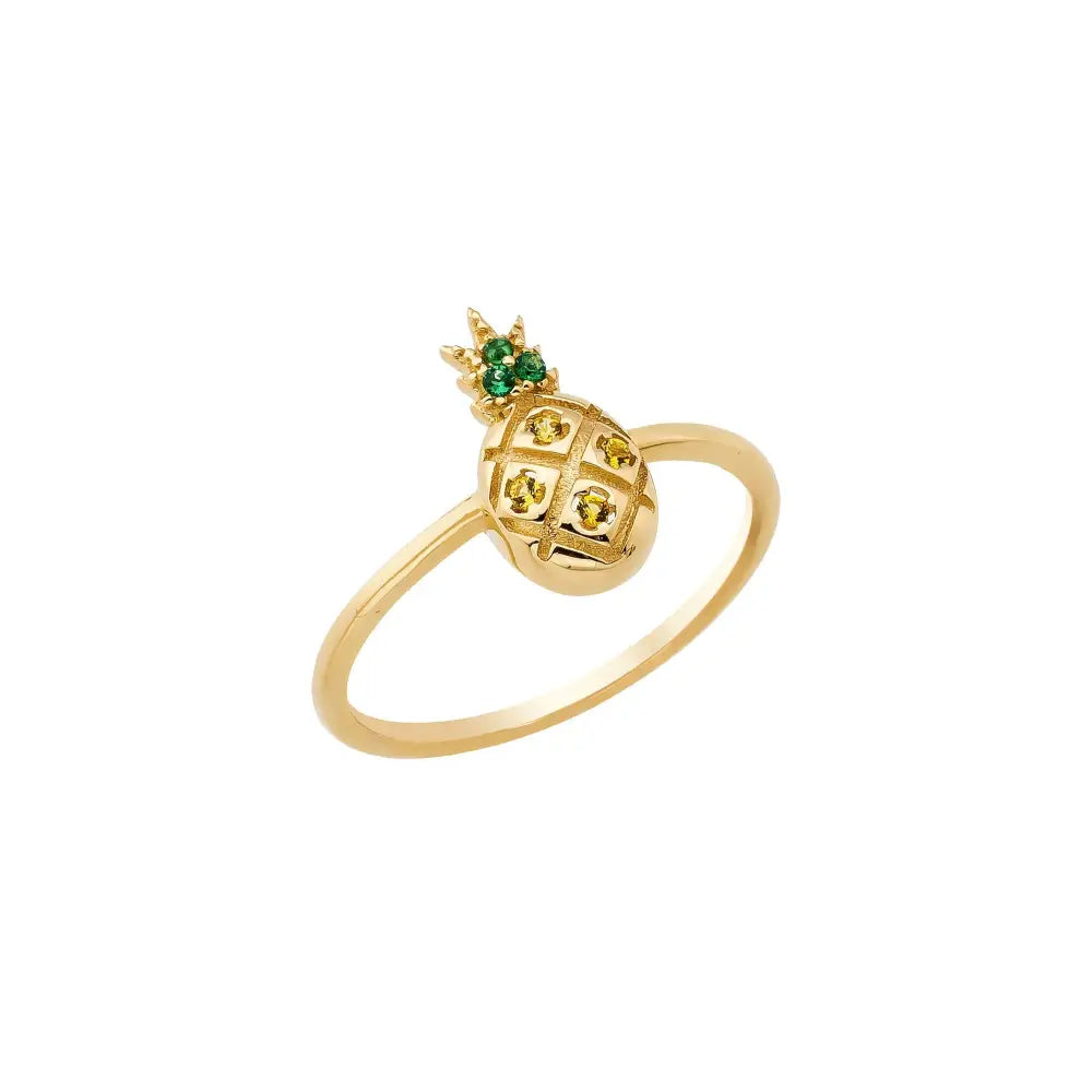 Pineapple Ring in 14K Gold Green Gemstone Top Handcrafted Tropical Jewelry for Women
