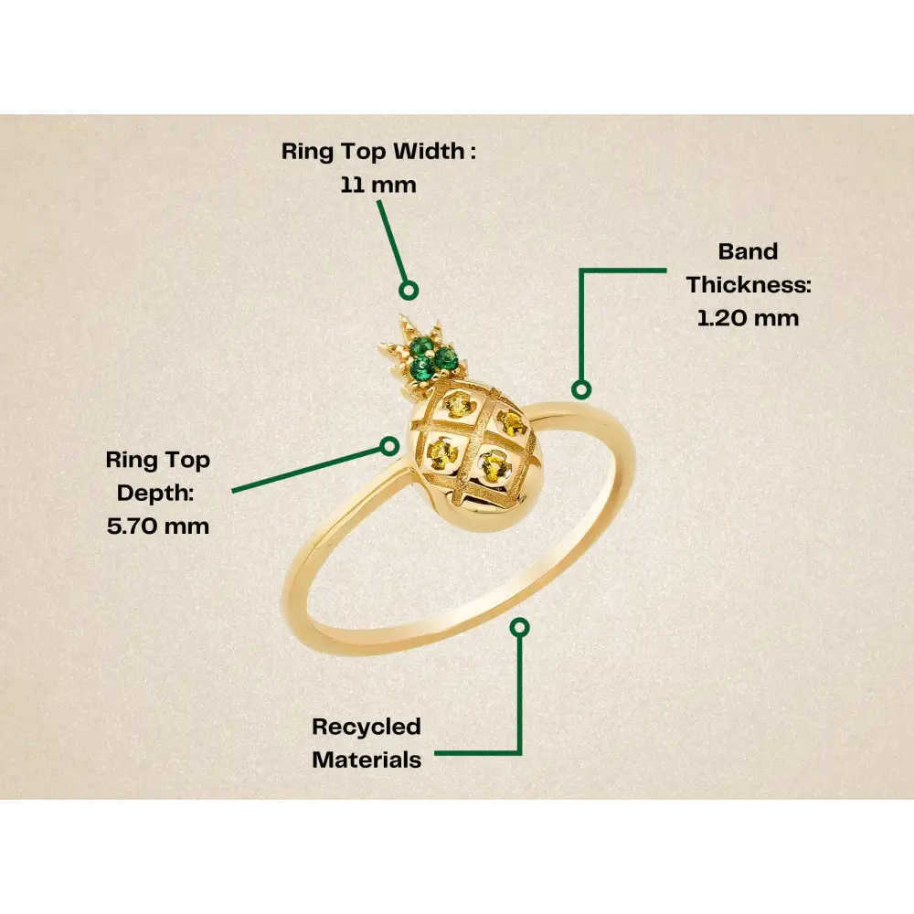 Pineapple Ring in 14K Gold Green Gemstone Top Handcrafted Tropical Jewelry for Women