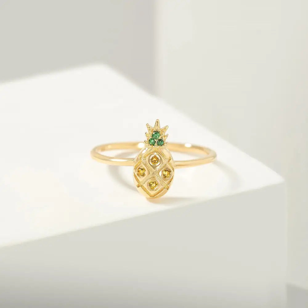 Pineapple Ring in 14K Gold Green Gemstone Top Handcrafted Tropical Jewelry for Women