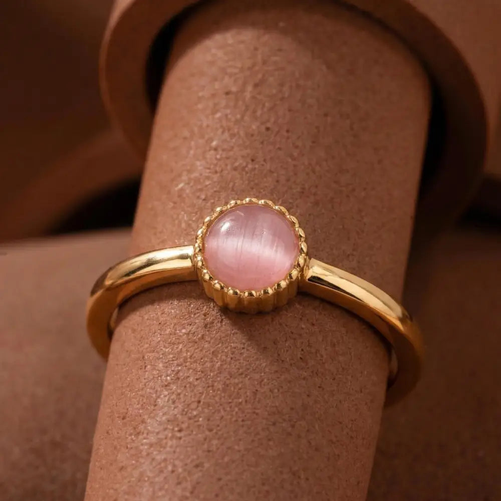 Pink Cat Eye Gemstone Ring Gold Beaded Bezel Delicate Handmade Ring for Everyday Elegant - Jewelry