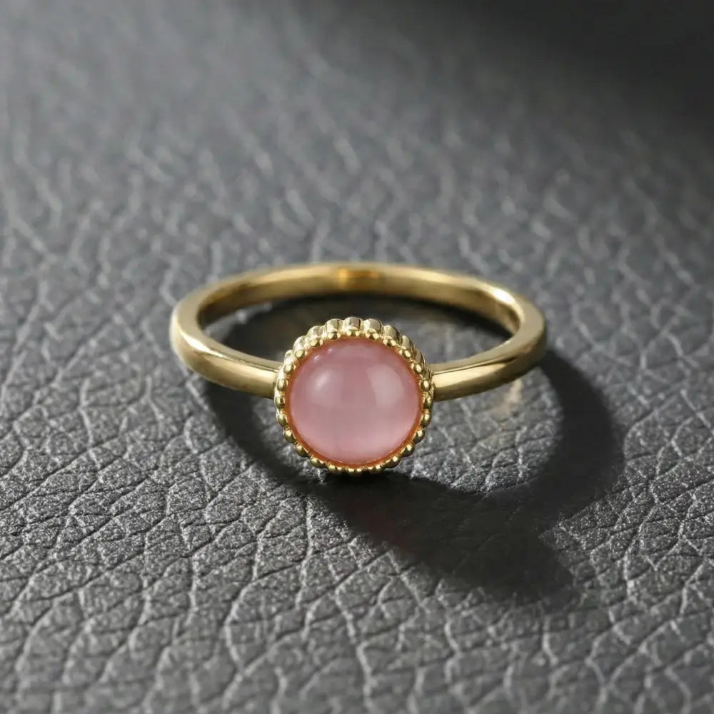 Pink Cat Eye Gemstone Ring Gold Beaded Bezel Delicate Handmade Ring for Everyday Elegant - Jewelry