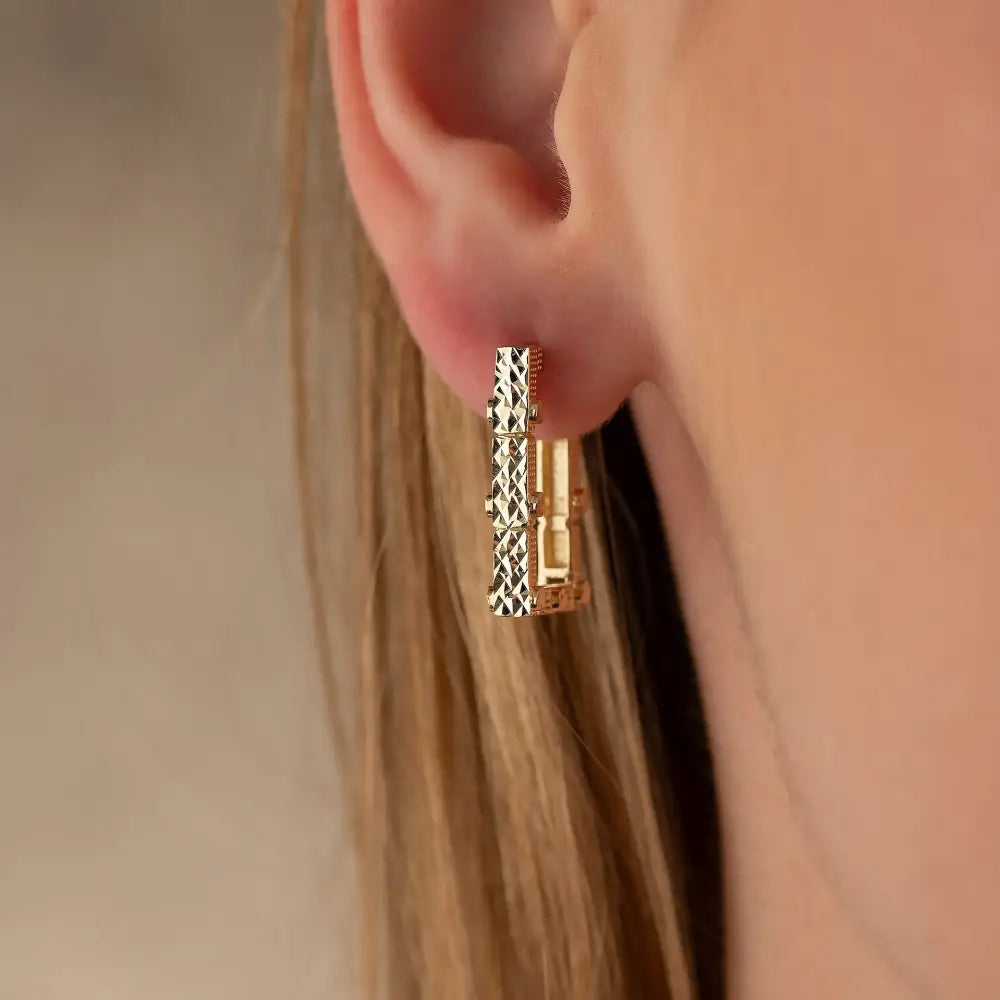 Rectangle Hoops 14K Solid Rose Gold | 21 mm Geometric Diamond-Cut Huggie Earrings for Women - Earrings