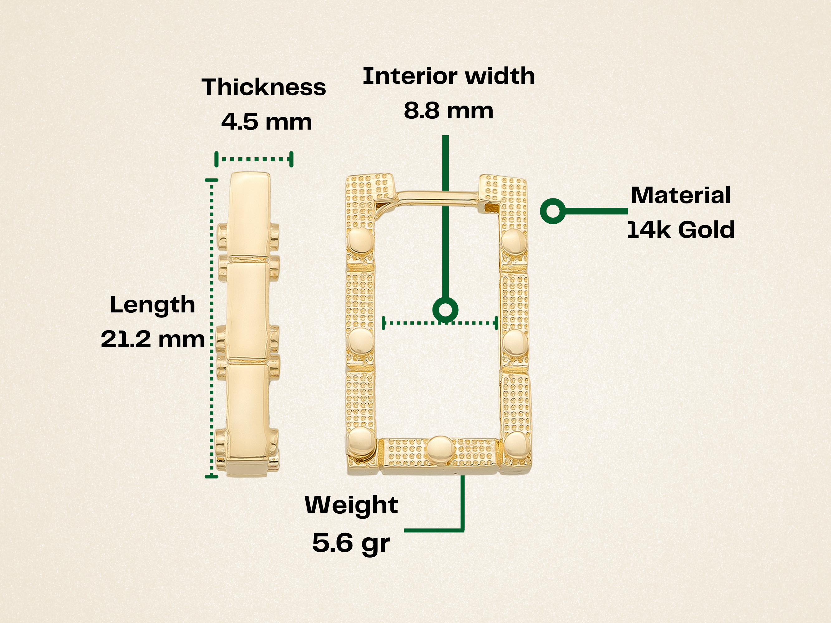 Rectangle Hoops 14K Solid Rose Gold | 21 mm Rectangular Diamond-Cut Huggie Earrings for Women - Earrings