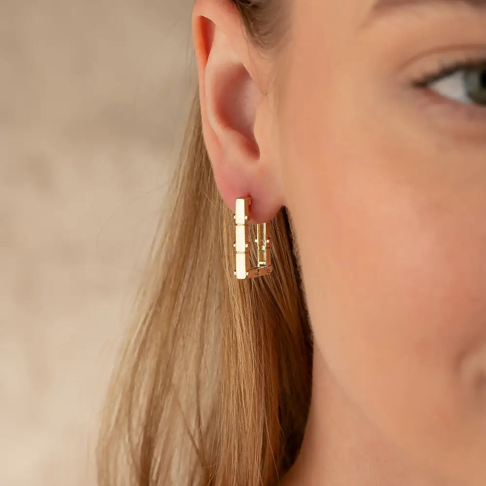 Rectangle Hoops 14K Solid Rose Gold | 21 mm Rectangular Diamond-Cut Huggie Earrings for Women - Earrings