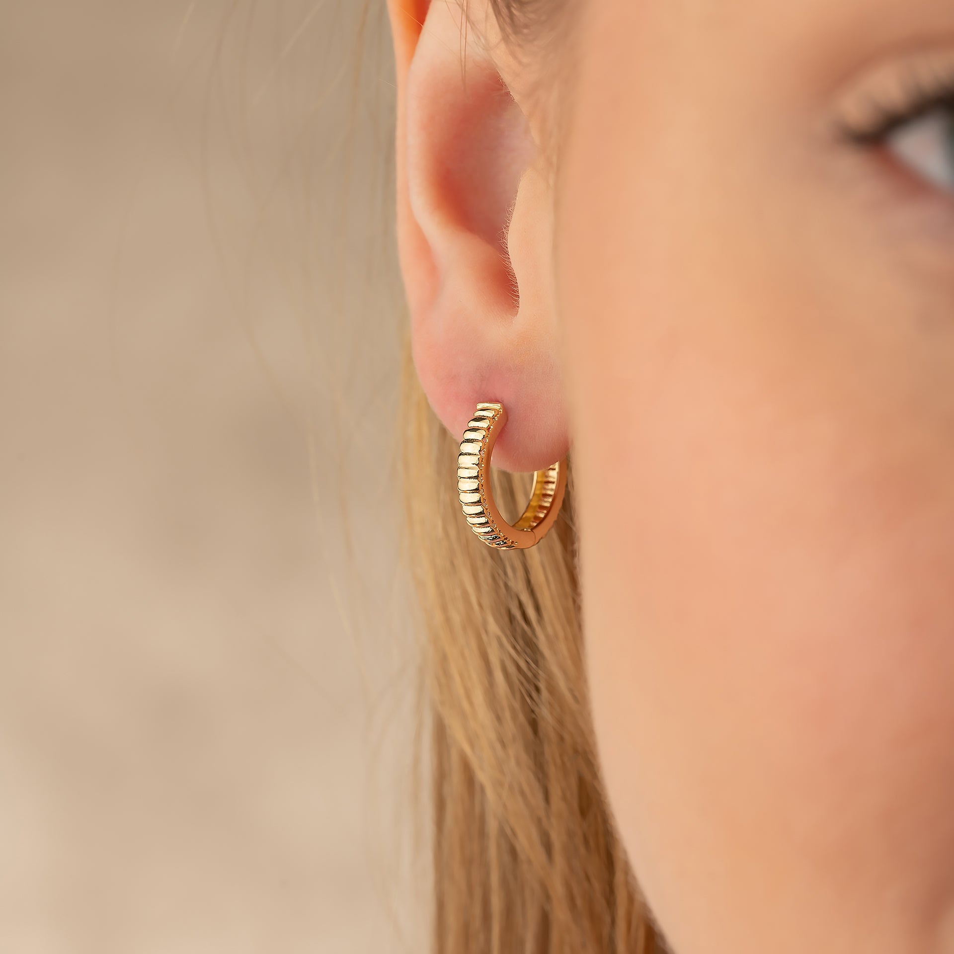 Ribbed Earrings 14K Solid Gold | Stripe Hoop Huggies Striped Stackable Hoops for Everyday Wear - Hoop Earrings