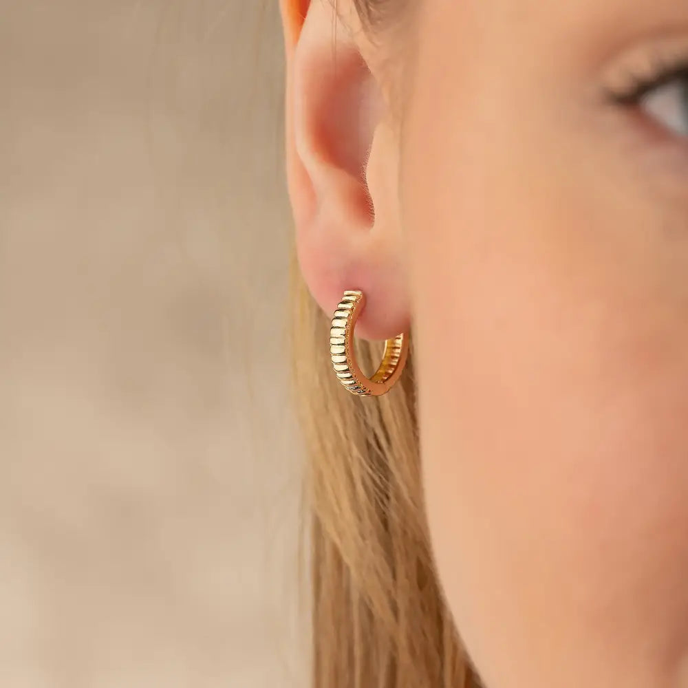 Ribbed Earrings 14K Solid Gold | Stripe Hoop Huggies Striped Stackable Hoops for Everyday Wear - Hoop Earrings