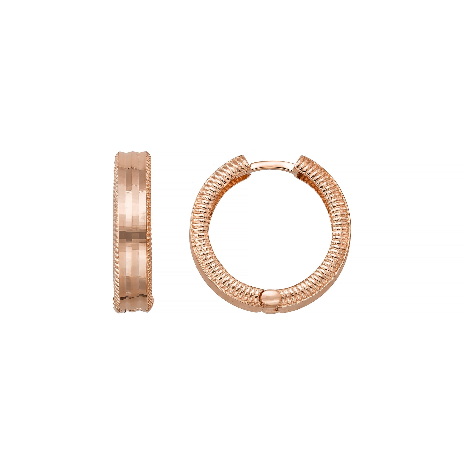 Ribbed Hoop Huggies Earrings 14K Solid Rose Gold | Stripe Huggy Hoops for Women - Single Small / 14K Rose Gold - Hoop