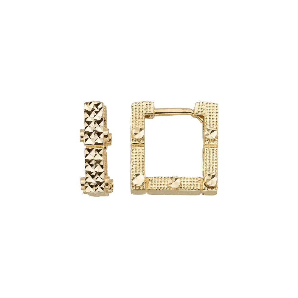 Square Earring Hoops 14K Solid Gold | 14 mm Geometric Square Huggies 4.5 mm Thick Ribbed Gold Earrings - Single