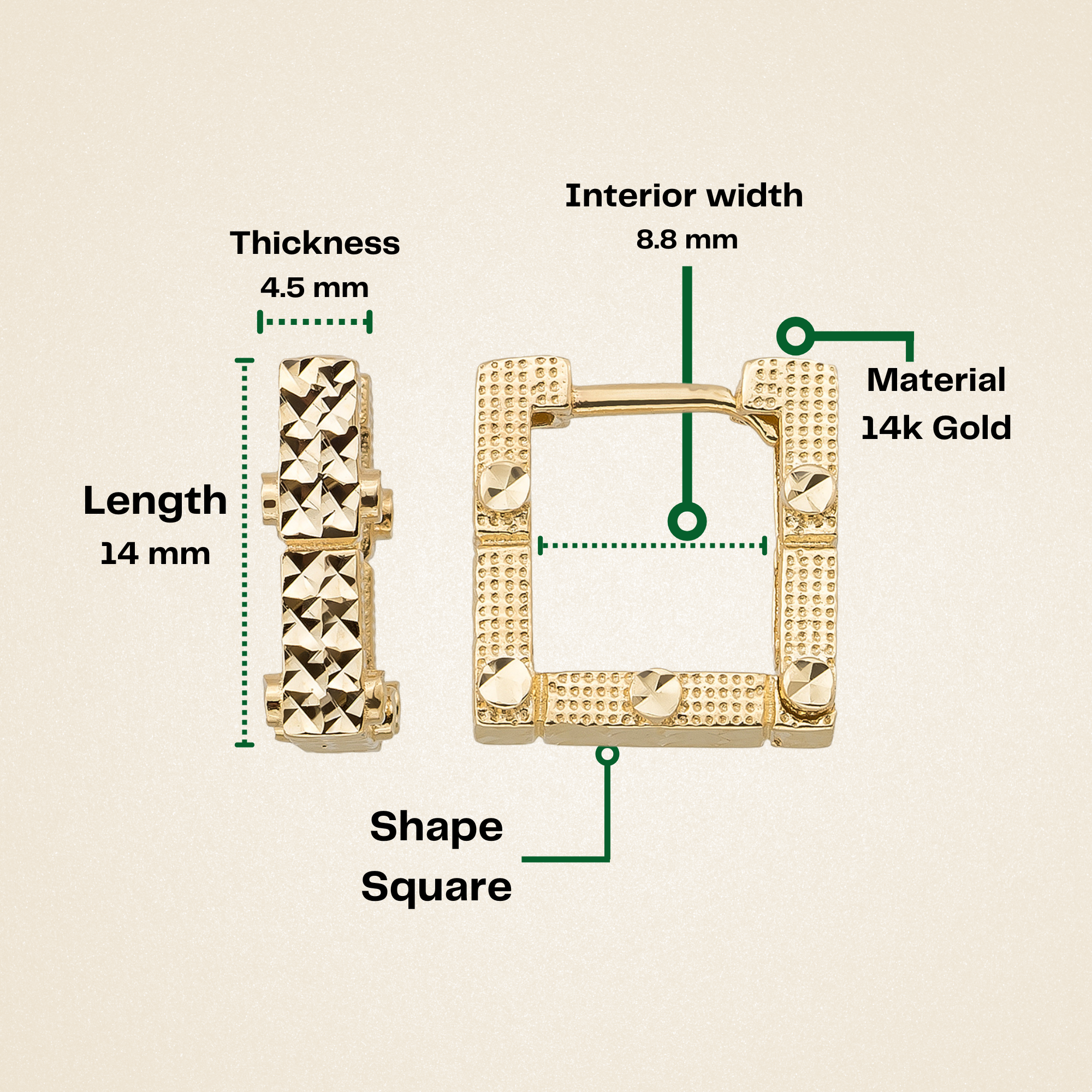 Square Earring Hoops 14K Solid Gold | 14 mm Geometric Square Huggies 4.5 mm Thick Ribbed Gold Earrings - Earrings