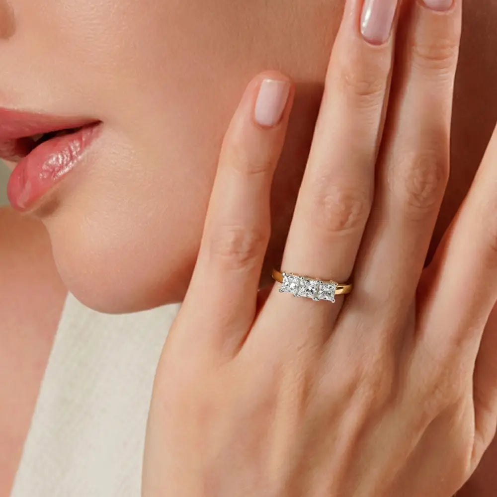 Three Diamond Ring Square Princess Cuts in Gold Setting Elegant Bridal & Engagement Ring