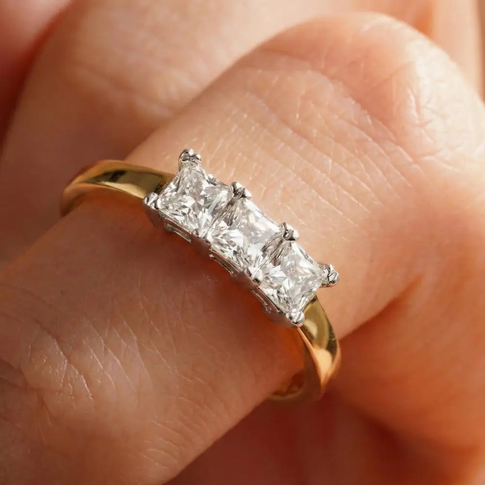 Three Diamond Ring Square Princess Cuts in Gold Setting Elegant Bridal & Engagement Ring