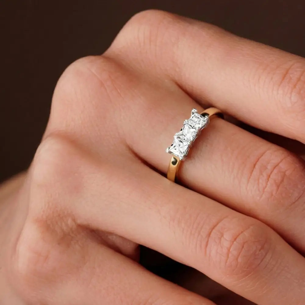 Three Diamond Ring Square Princess Cuts in Gold Setting Elegant Bridal & Engagement Ring