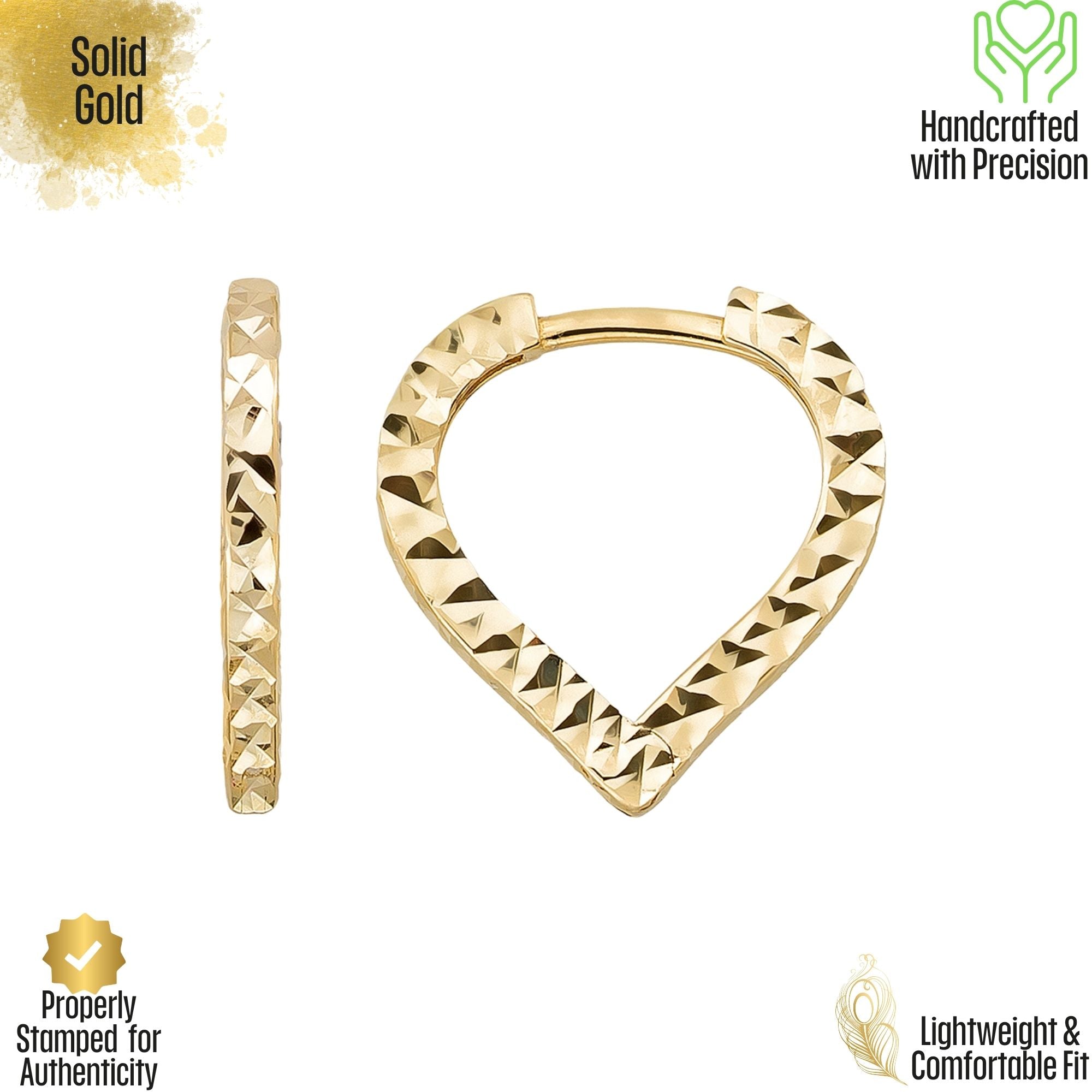 Triangle Diamond Cut Huggie Hoop Earrings 14K Solid Gold | Pear Shape Geometric Diamond-Cut Huggies for Women - Earrings