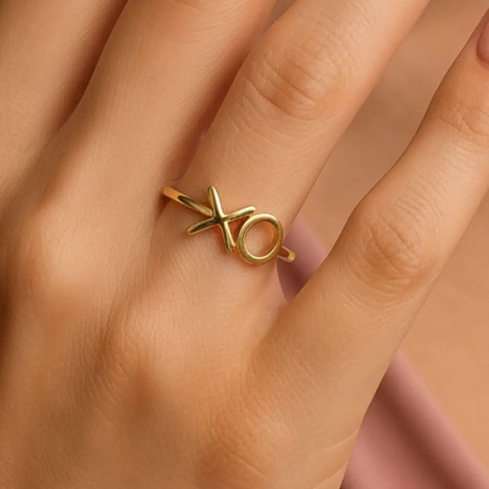 XO Ring 14K Solid Gold Band Xoxo Hugs Kisses Minimalist Stackable Rings