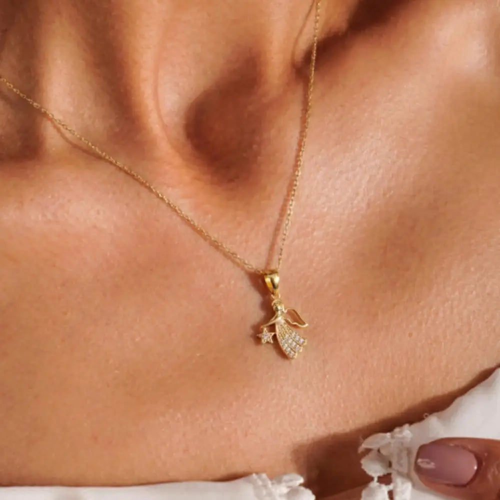 14K Gold Angel Necklace CZ Stone Star Pendant Dainty Charm Necklace Jewelry for Women