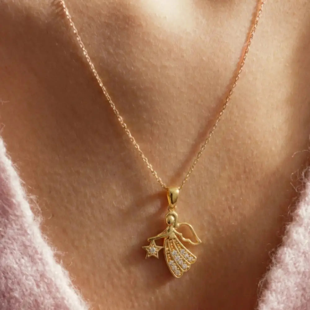 14K Gold Angel Necklace CZ Stone Star Pendant Dainty Charm Necklace Jewelry for Women