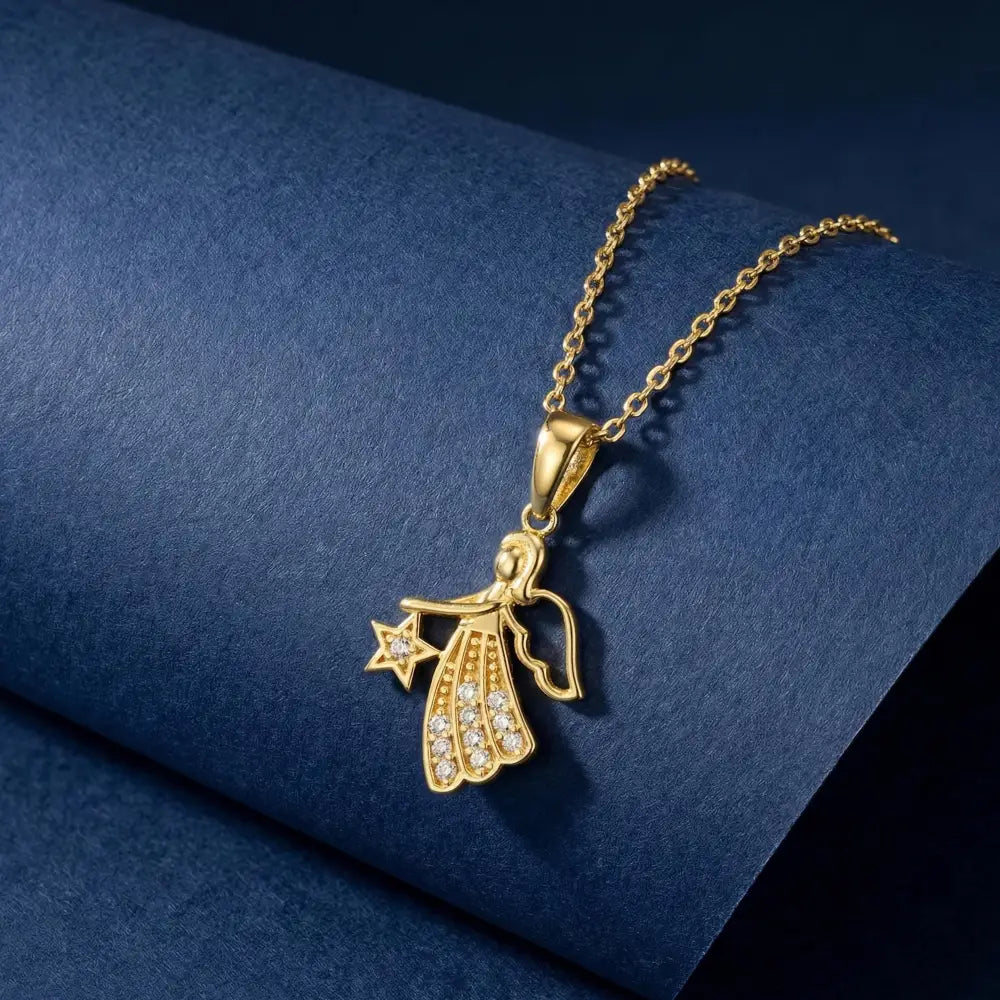 14K Gold Angel Necklace CZ Stone Star Pendant Dainty Charm Necklace Jewelry for Women