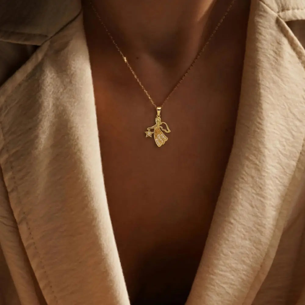 14K Gold Angel Necklace CZ Stone Star Pendant Dainty Charm Necklace Jewelry for Women