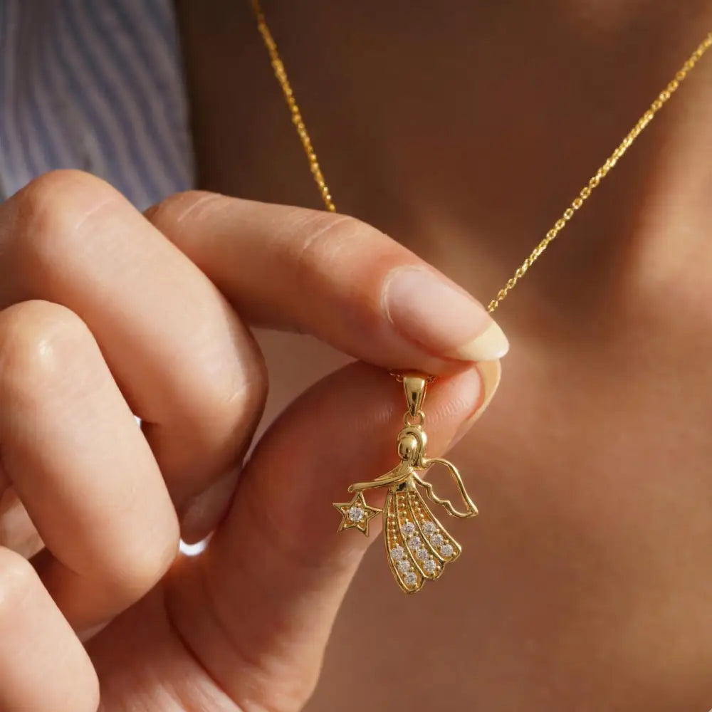 14K Gold Angel Necklace CZ Stone Star Pendant Dainty Charm Necklace Jewelry for Women