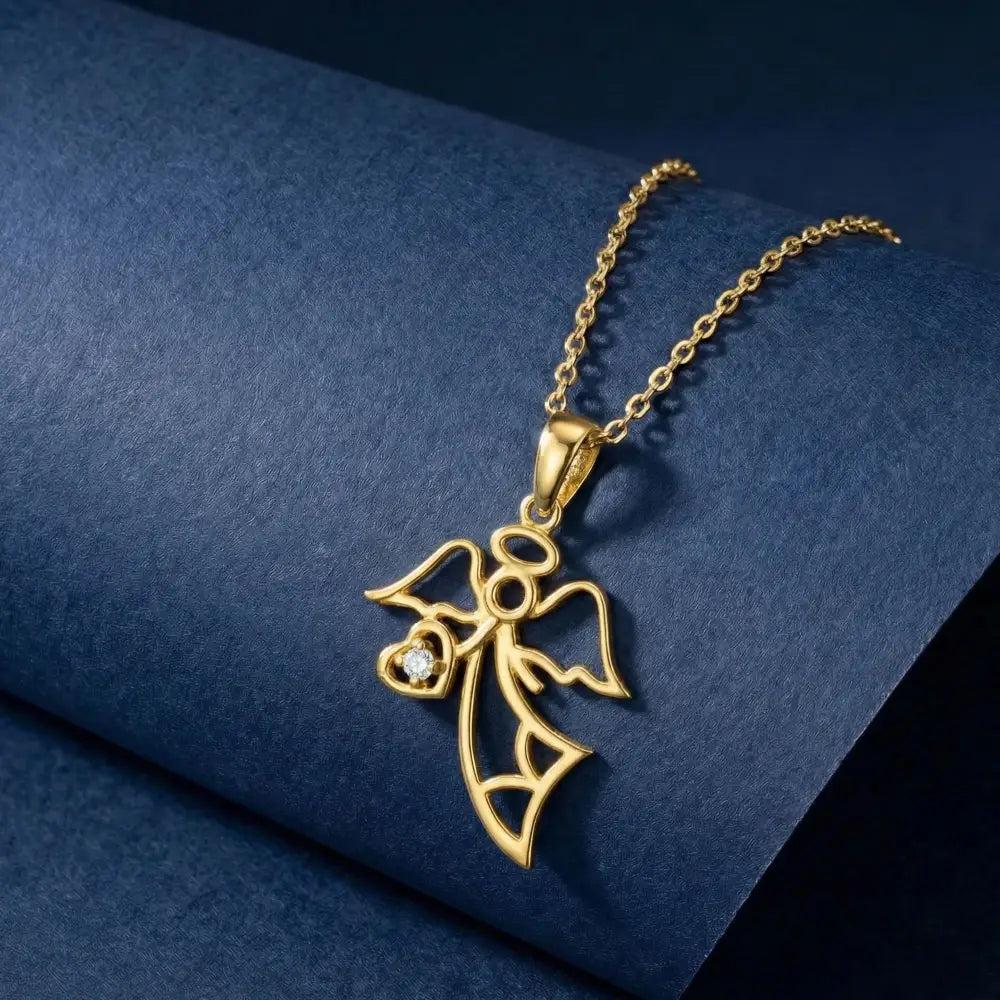 14K Gold Angel Necklace Minimal Pendant with CZ Stone Heart Dainty Jewelry for Women - Pendants