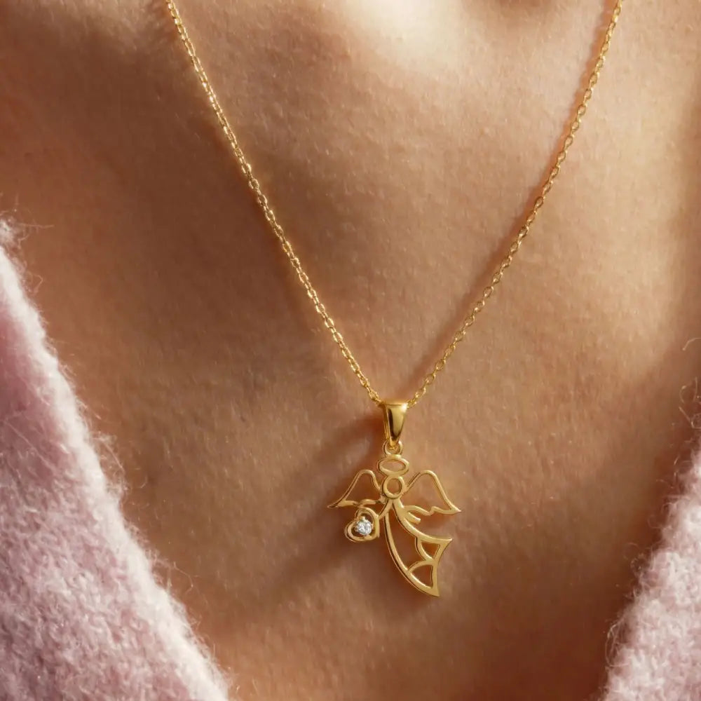 14K Gold Angel Necklace Minimal Pendant with CZ Stone Heart Dainty Jewelry for Women - Pendants
