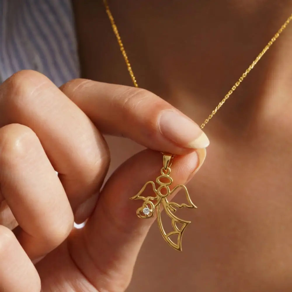 14K Gold Angel Necklace Minimal Pendant with CZ Stone Heart Dainty Jewelry for Women - Pendants