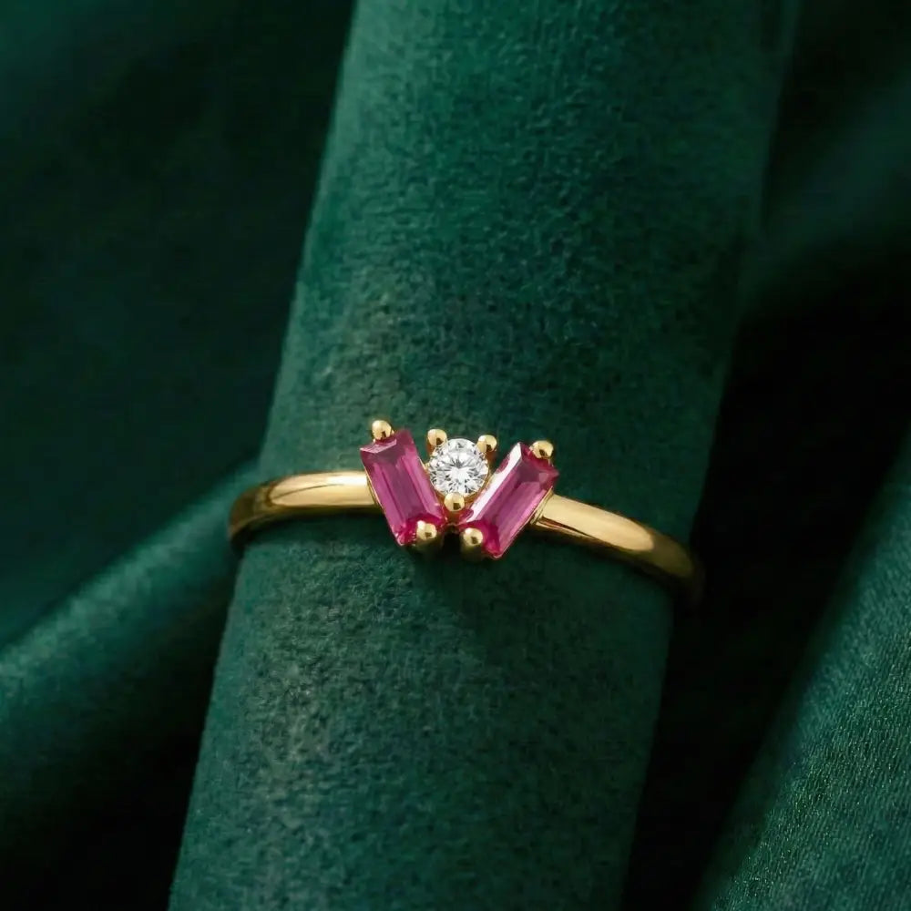 14K Gold Baguette Ring Pink Stone Trio Minimal Elegant Jewelry for Women