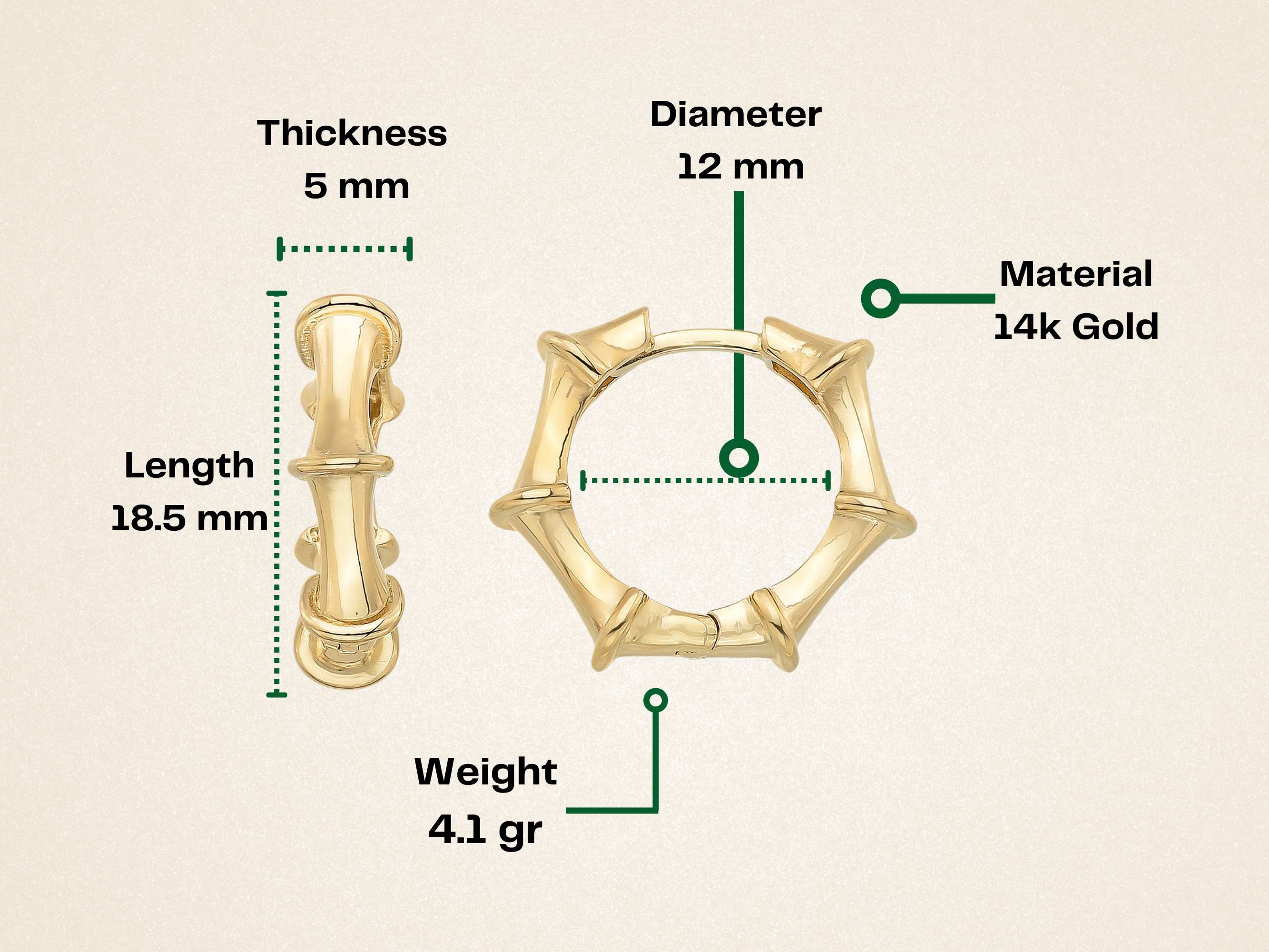 14K Gold Bamboo Hoop Earrings – 18mm Huggie Push Lock Hoops - Hoop Earrings