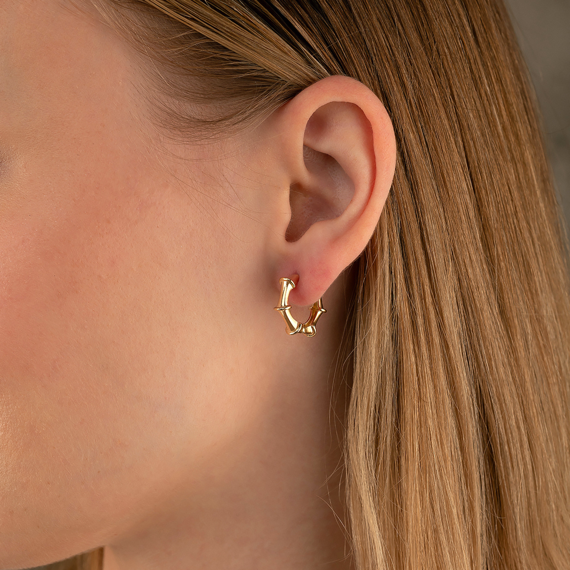 14K Gold Bamboo Hoop Earrings – 18mm Huggie Push Lock Hoops - Hoop Earrings