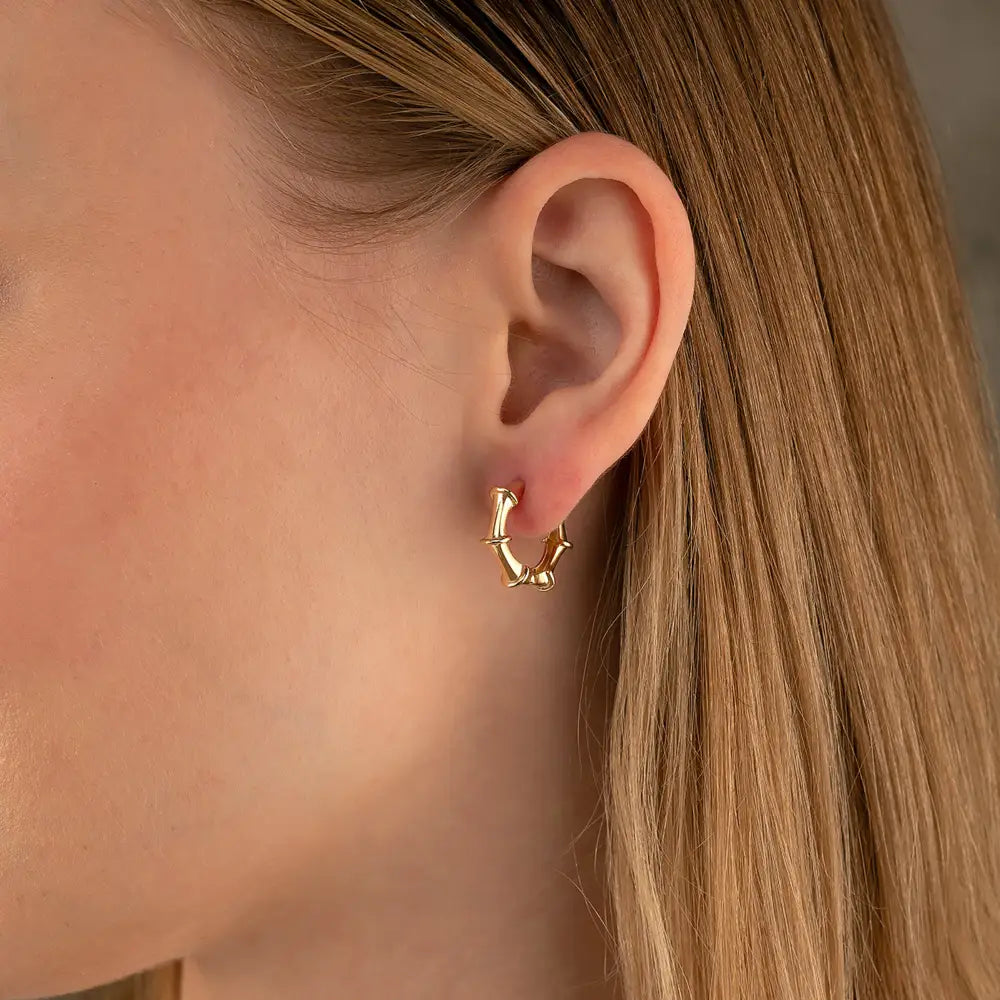 14K Gold Bamboo Hoop Earrings – 18mm Huggie Push Lock Hoops - Hoop Earrings