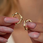 14K Gold Bamboo Hoop Earrings – 18mm Huggie Push Lock Hoops - Hoop Earrings