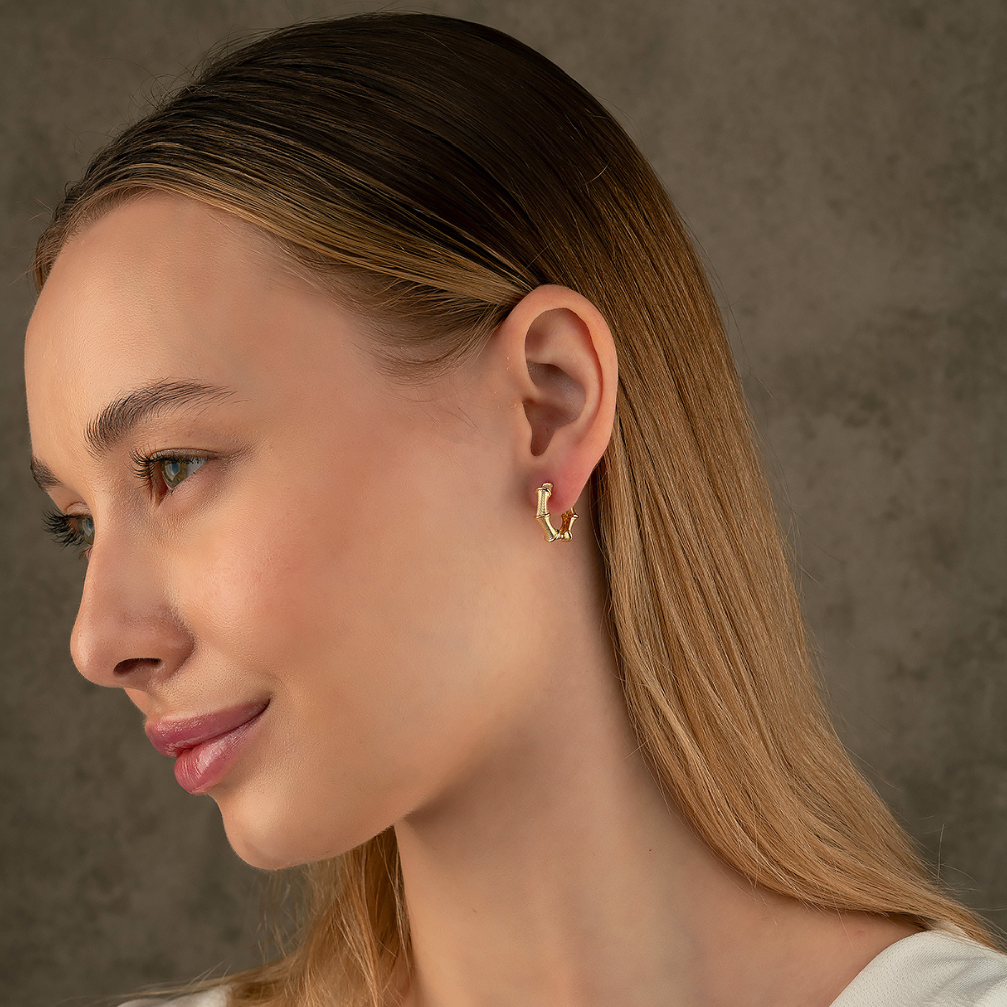 14K Gold Bamboo Hoop Earrings – Ribbed Huggie Push Lock Hoops - Earrings