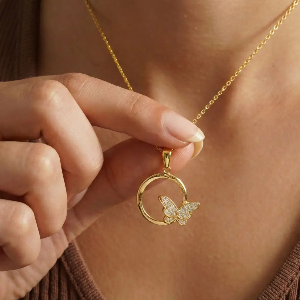 14K Gold Butterfly Necklace Circle Pendant Charm Dainty Nature Jewelry Gift - Pendants