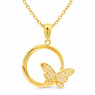 14K Gold Butterfly Necklace Circle Pendant Charm Dainty Nature Jewelry Gift - Pendants
