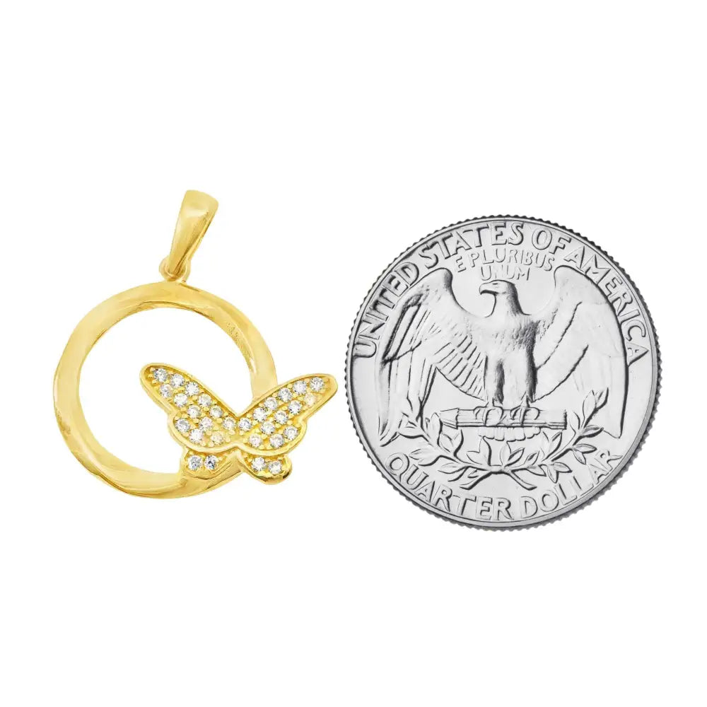14K Gold Butterfly Necklace Circle Pendant Charm Dainty Nature Jewelry Gift - Pendants