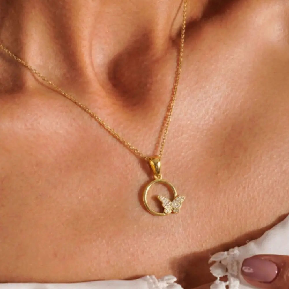 14K Gold Butterfly Necklace Circle Pendant Charm Dainty Nature Jewelry Gift - Pendants