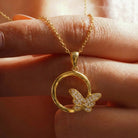 14K Gold Butterfly Necklace Circle Pendant Charm Dainty Nature Jewelry Gift - Pendants