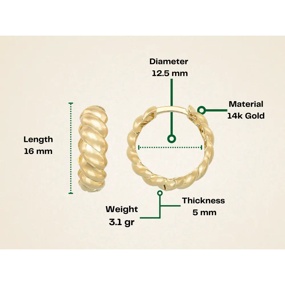 14K Gold Croissant Dome Hoop Earrings – Ribbed Chunky & Twisted Studs - Hoop Earrings