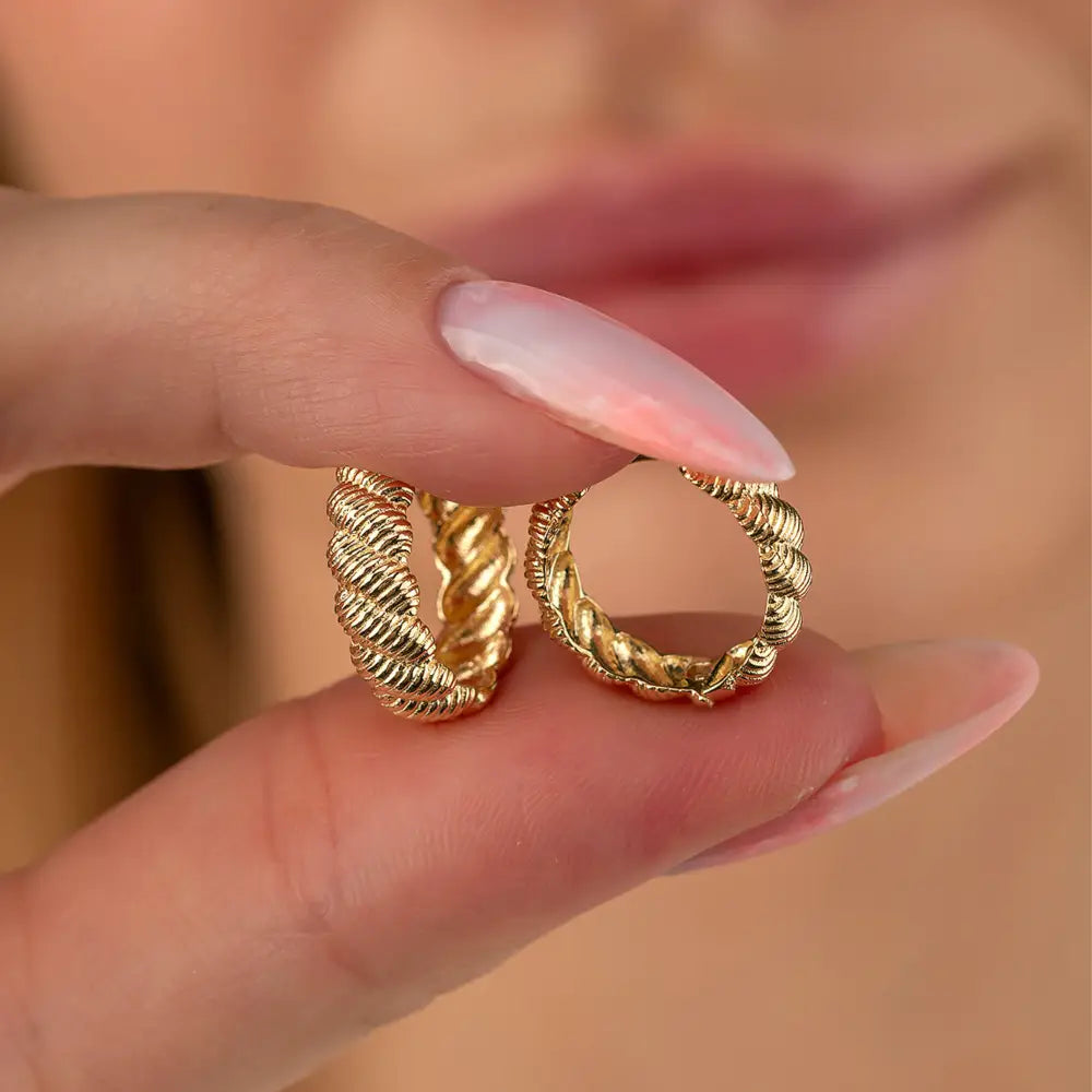 14K Gold Croissant Dome Hoop Earrings – Textured Twisted & Ribbed Huggies - Single (1 Earring) / 14K Yellow Gold - Hoop