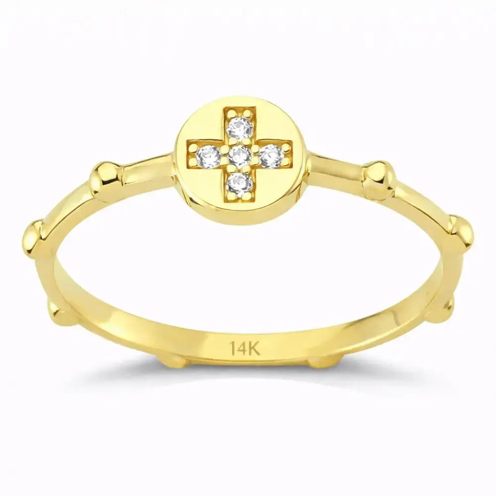14K Gold Cross Ring with CZ Stone Faith Jewelry Elegant Adjustable Band - Band Ring