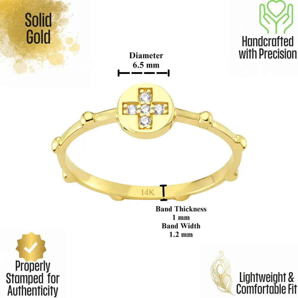 14K Gold Cross Ring with CZ Stone Faith Jewelry Elegant Adjustable Band - Band Ring