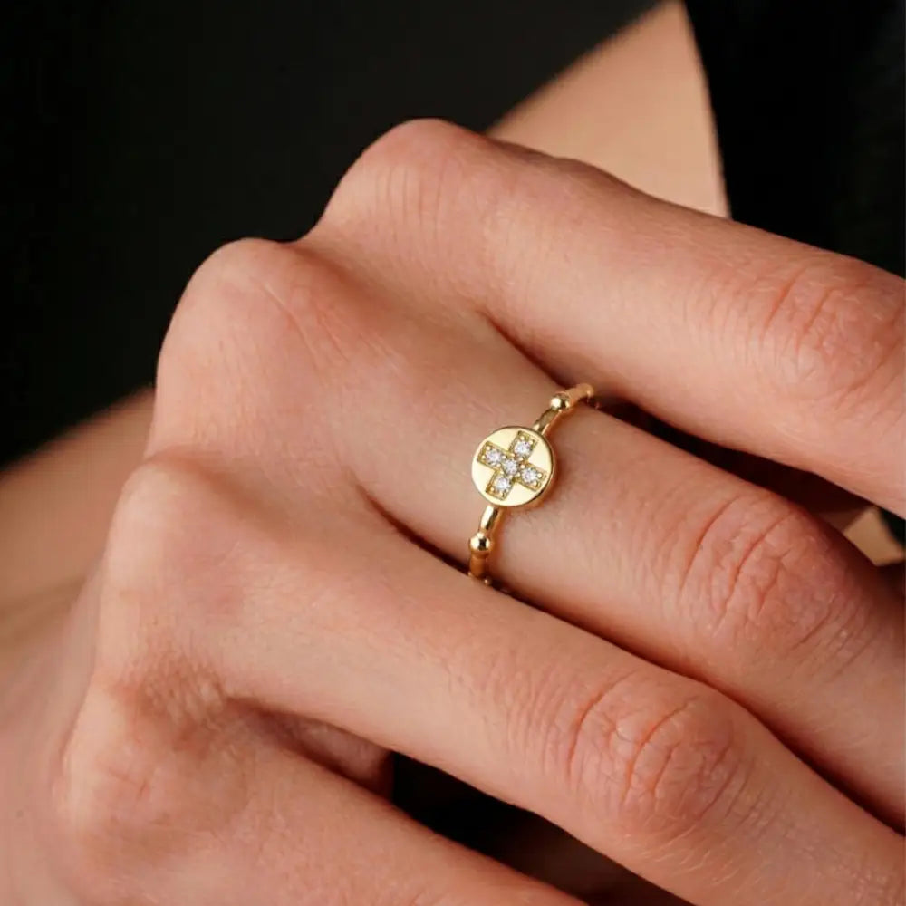 14K Gold Cross Ring with CZ Stone Faith Jewelry Elegant Adjustable Band