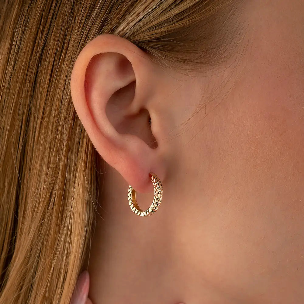 14K Gold Diamond Cut Huggie Hoop Earrings – Shiny Stacking Set of 2 - Hoop Earrings