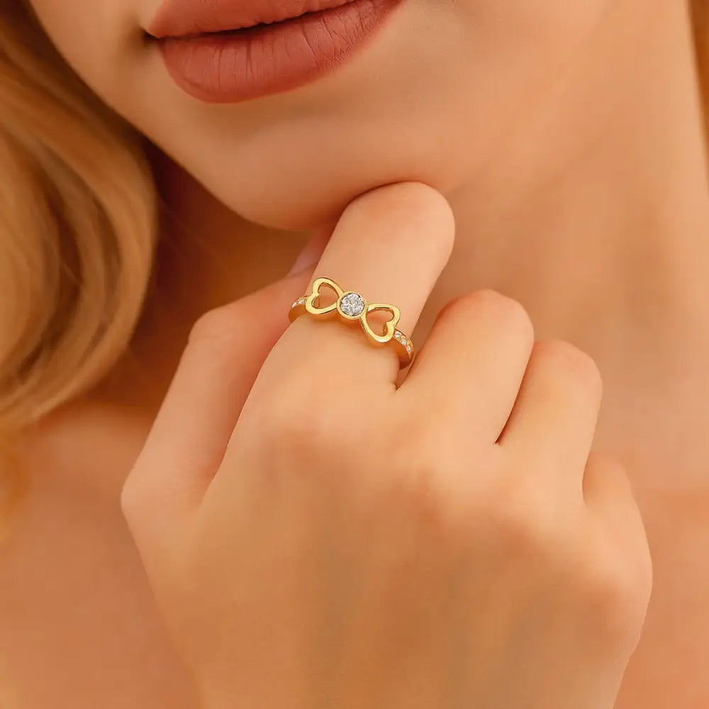 14K Gold Double Heart Ring Simulated Diamond Engagement Ring