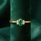 14K Gold Engagement Ring Emerald with Diamonds Unique Three Stone Jewelry for Women