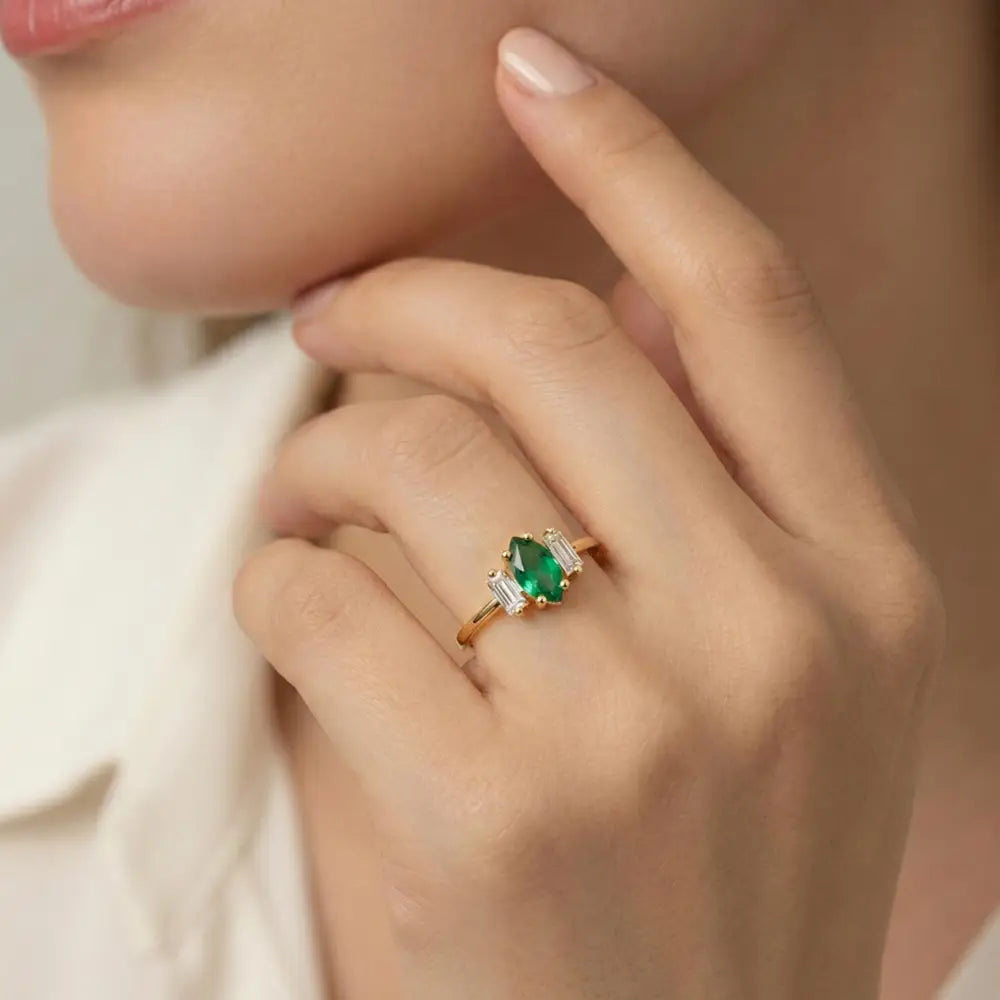 14K Gold Engagement Ring Emerald with Diamonds Unique Three Stone Jewelry for Women