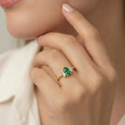14K Gold Engagement Ring Emerald with Diamonds Unique Three Stone Jewelry for Women