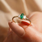 14K Gold Engagement Ring Emerald with Diamonds Unique Three Stone Jewelry for Women