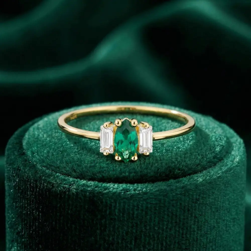 14K Gold Engagement Ring Emerald with Diamonds Unique Three Stone Jewelry for Women