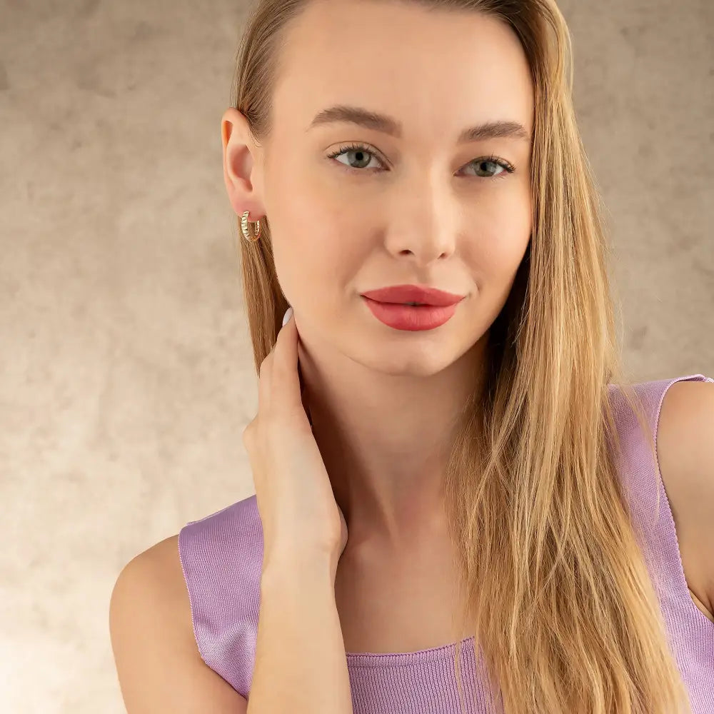 14K Gold Engraved Hoop Earrings Handcrafted Geometric Textured Design Jewelry for Her - Hoop Earrings